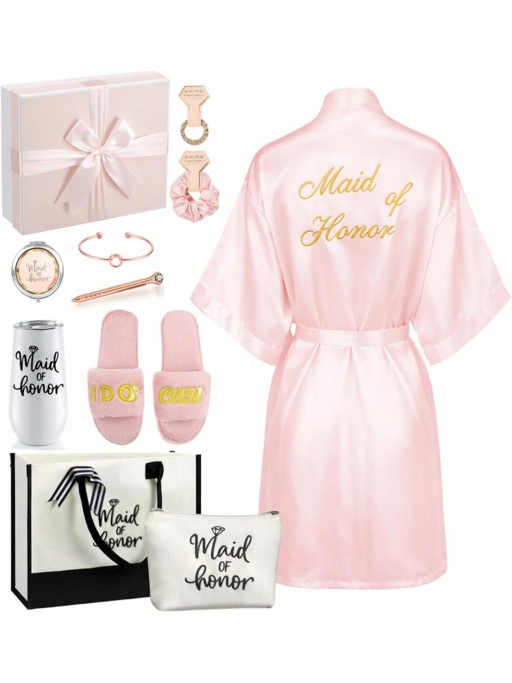 14 Pcs Bride Gift Set: Satin Robes, Tote Bag, Glasses & Slippers for Weddings